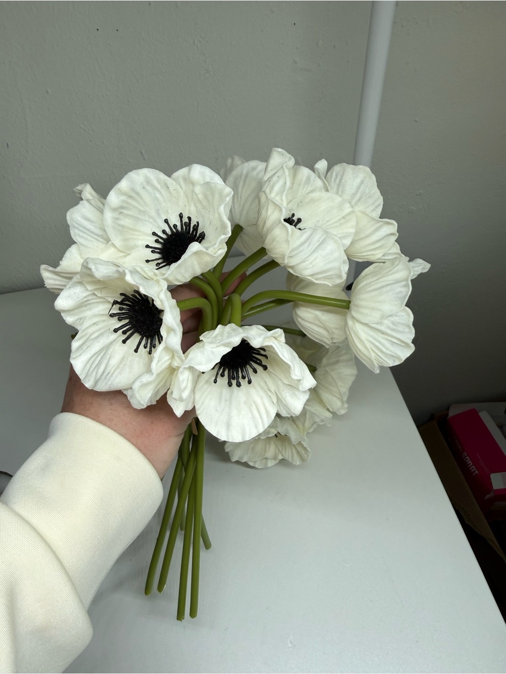 White Artificial Anemone Bouquet with Black Centers